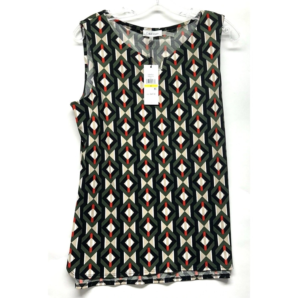 Calvin Klein Sleeveless Geometric Red Green Polyester Blend Blouse Top NEW (G3)